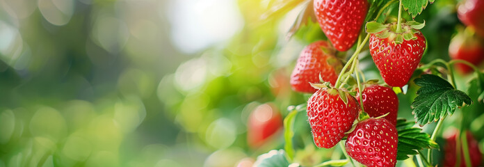 The strawberry on the garden bed. Close up. Copy space for text. Blurred background. Banner slider template. - 752773054