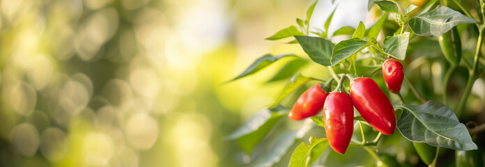 Red jalapeno peppers vegetable plant on the garden bed. Close up. Copy space for text. Blurred background. Banner slider template. - 752773455