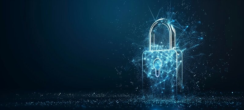 A digital padlock concept represented by a luminescent blue outline against a dark background, signifying cybersecurity and data protection.