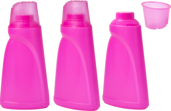 pink detergent plastic bottle with measuring cap and cleaning liquid isolated