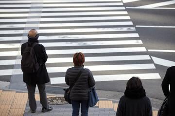 冬の朝の通勤時間の都市の交差点の横断歩道で信号待ちの人々の姿
