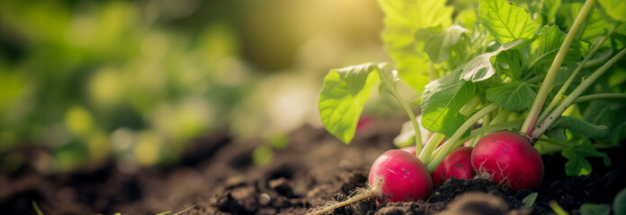 Radish vegetable on the garden bed. Close up. Copy space for text. Blurred background. Banner slider template. - obrazy, fototapety, plakaty