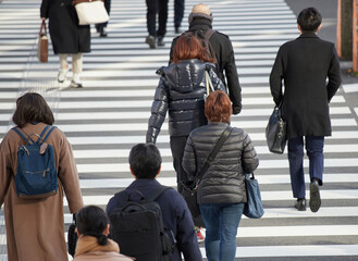 冬の朝の通勤時間の街の交差点の横断歩道を渡る人々の姿