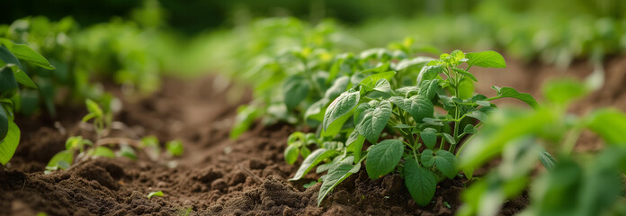Potato bush on the garden bed. Close up. Copy space for text. Blurred background. Banner slider template. - 752773842