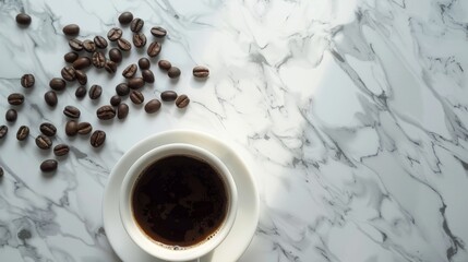 Espresso coffee in white cup on marble background with scattered beans
