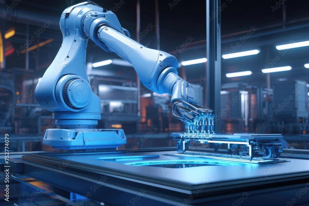 Poster smart industry robot arm system for digital factory production concept. 3d rendering, ai generated