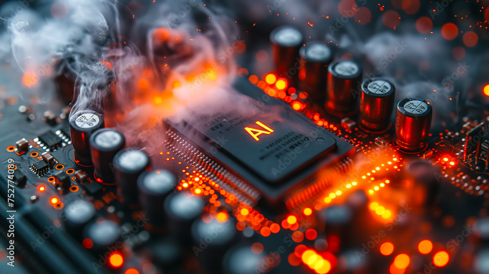 Poster advanced computer processor chip with ai acceleration is burning in dark digital environment.