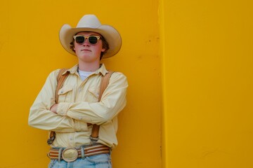 Adolescente redneck con gafas de sol en fondo amarillo, retrato aislado joven con sombrero de vaquero