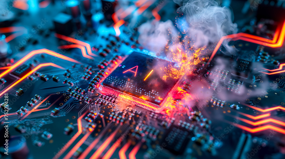 Poster advanced computer processor chip with ai acceleration is burning in dark digital environment.