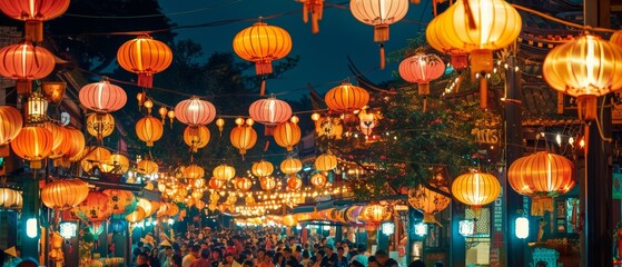 Vibrant lantern festival with glowing decorations and bustling crowd at night