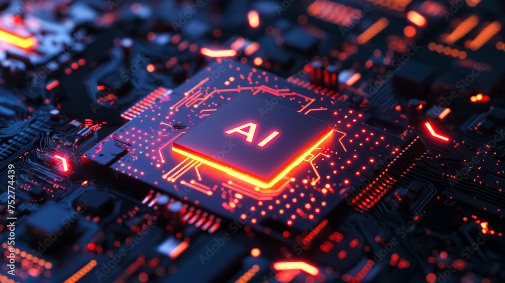 Poster advanced computer processor chip with ai acceleration in dark digital environment.