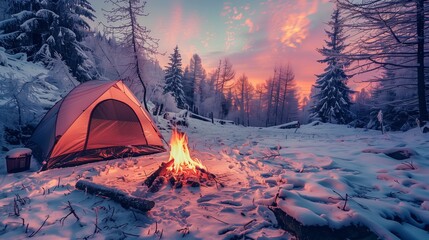 Winter camping concept showcasing a red tent and a glowing campfire set against a snow-covered forest during twilight. The skies are painted with shades of pink and blue