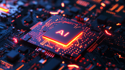 Advanced computer processor chip with AI acceleration in dark digital environment.