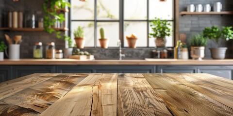 Kitchen top counter interior wood blue background. Generative Ai