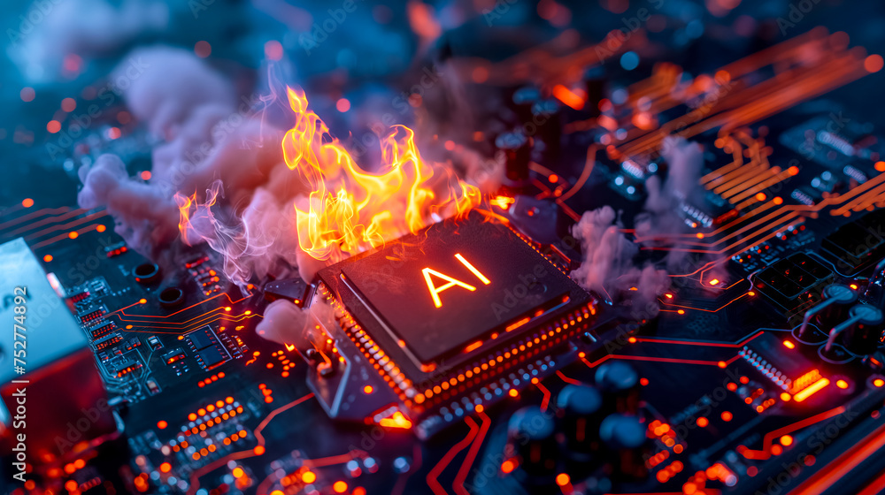 Poster advanced computer processor chip with ai acceleration is burning in dark digital environment.