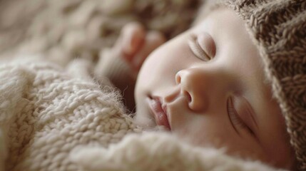 Peaceful sleeping baby wrapped in a woolen blanket and cap