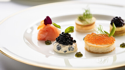 Food, hospitality and room service, starter appetisers with caviar as exquisite cuisine in hotel restaurant a la carte menu, culinary art and fine dining