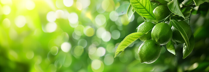 The Limes fruit on the tree branch. Close up. Copy space for text. Blurred background. Banner slider template. - 752774857