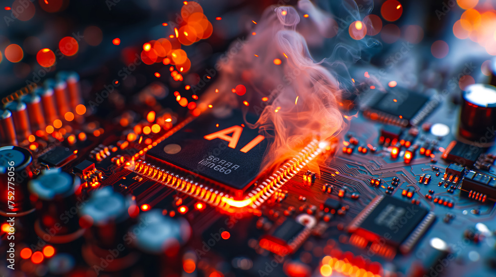 Poster advanced computer processor chip with ai acceleration is burning in dark digital environment.