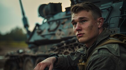 Young soldier with a contemplative expression beside a military tank. cinematic portrait in natural light. ideal for storytelling and editorial use. AI