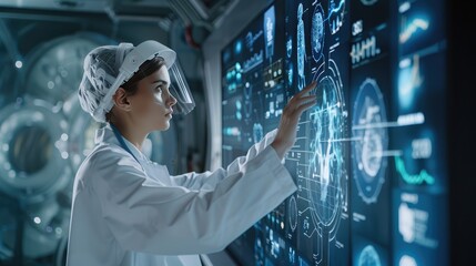 Doctor using digital medical futuristic interface 3D rendering medical application technology, screen demonstrates data and heart rate on digital screen, Ai generated for ads - obrazy, fototapety, plakaty