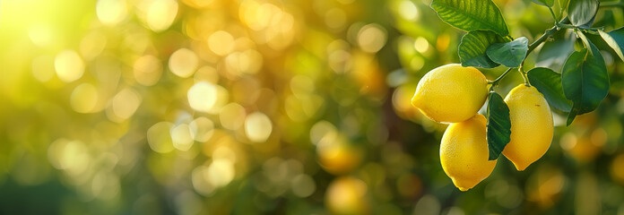 The Lemons fruit on the tree branch. Close up. Copy space for text. Blurred background. Banner...