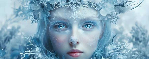 Fotobehang Captivating illustration of an ethereal snow queen with a frosty crown. Concept Fantasy Illustration, Winter Theme, Snow Queen, Ethereal Art, Frosty Crown © Ян Заболотний