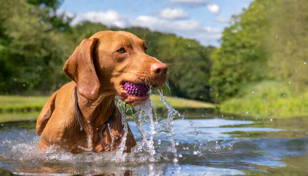 A Vizsla retrieving dog fetching a ball from a pond