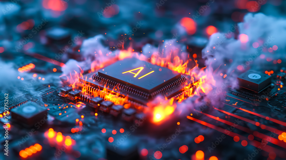Poster advanced computer processor chip with ai acceleration is burning in dark digital environment.