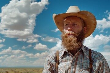 Retrato minimalista cowboy en el campo, granjero posando en sus tierras, hombre pelirrojo con barba y tirantes 