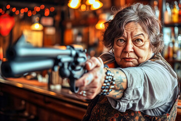 Senior woman aiming with a gun in a bar - obrazy, fototapety, plakaty