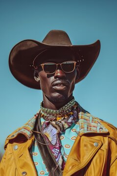 hombre negro modelo con ropa vaquera elegante, guapo cowboy con gafas de sol