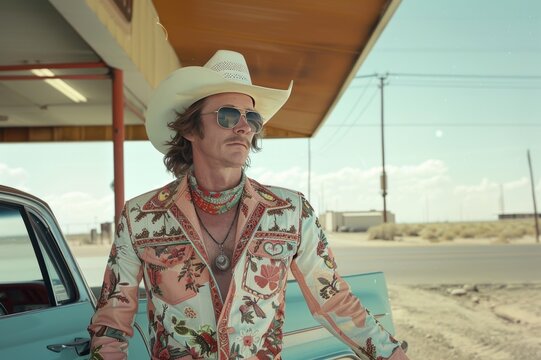 Retrato redneck esperando en una gasolinera de la ruta 66, cowboy autentico 