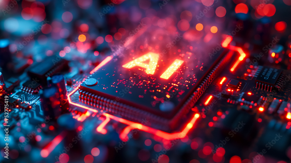 Poster advanced computer processor chip with ai acceleration is burning in dark digital environment.