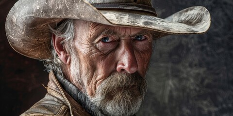 Hombre mayor y sabio con mirada penetrante y sombrero vaquero, retrato cowboy con arrugas en la cara  - obrazy, fototapety, plakaty