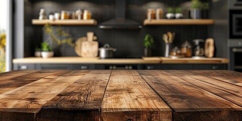 Natural brown wooden kitchen island table top with wit. Generative Ai