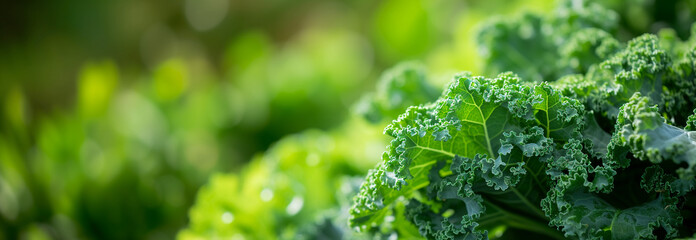 The Kale leaf cabbage on the garden bed. Close up. Copy space for text. Blurred background. Banner slider template. - 752775478
