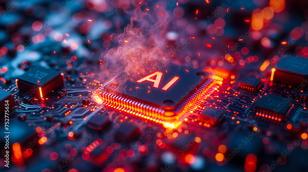 Poster advanced computer processor chip with ai acceleration is burning in dark digital environment.