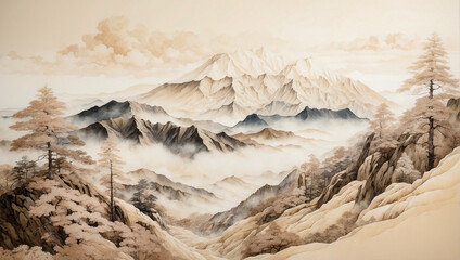 Mountain artwork. Landscape illustration. printable wall arts. Generative ai.