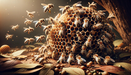 Illustrate a highly detailed, ultra-realistic scene of bees making nests, capturing the intricate process and the natural environment around them.  - obrazy, fototapety, plakaty