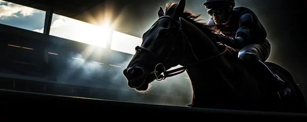 Rolgordijnen Horse and jockey a silhouette of determination and speed under the stadiums watchful eyes © Atchariya63