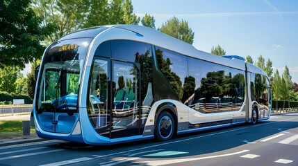 Futuristic autonomous electric bus on a sunny road. modern urban transportation concept. environmentally friendly public transport. AI
