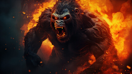 Wide angle on a mystical gorilla in flames a photobashed creation highlighting the fury within