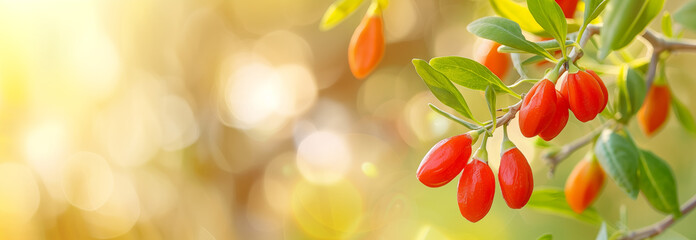 Goji Berries on the bush. Close up. Copy space for text. Banner slider template. Blurred background. - 752776070