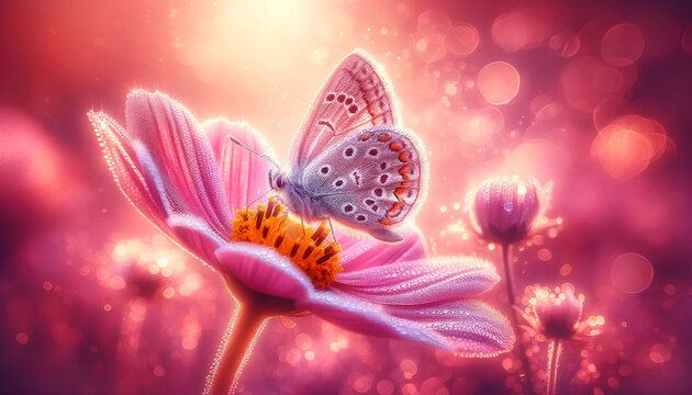 Create a hyper-realistic close-up image of a butterfly on a flower, emphasizing a soft pink tone throughout the scene