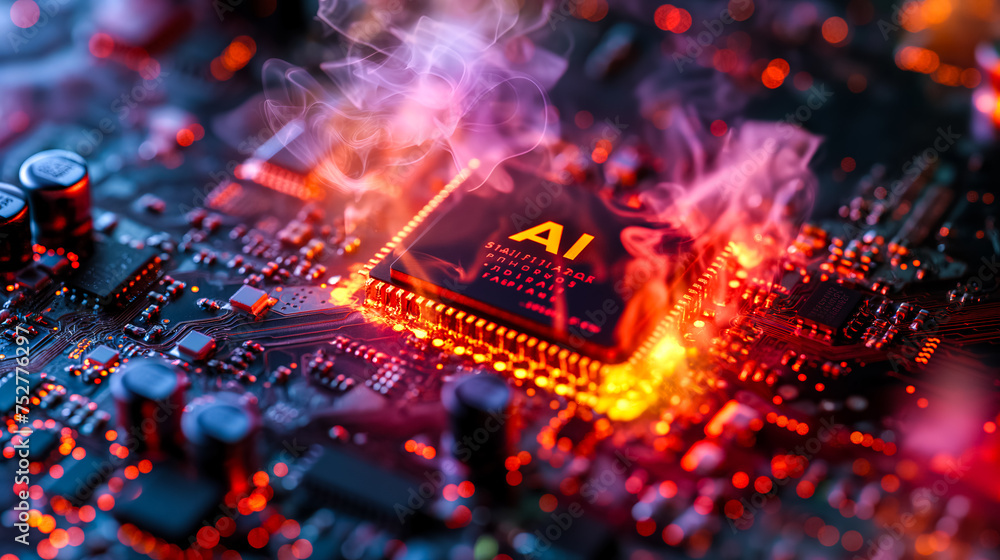 Poster advanced computer processor chip with ai acceleration is burning in dark digital environment.