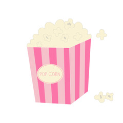 Popcorn in a pink striped bucket. Vector retro illustration. 