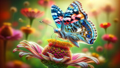 A photorealistic image capturing a single butterfly landing on a vibrant flower in a lush meadow, under diffuse natural light without direct sunlight.