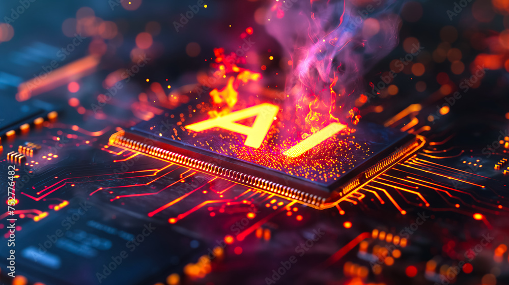 Poster advanced computer processor chip with ai acceleration is burning in dark digital environment.