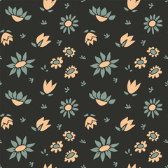Colorful seamless pattern with abstract retro wildflowers on black background. Vintage floral digital paper